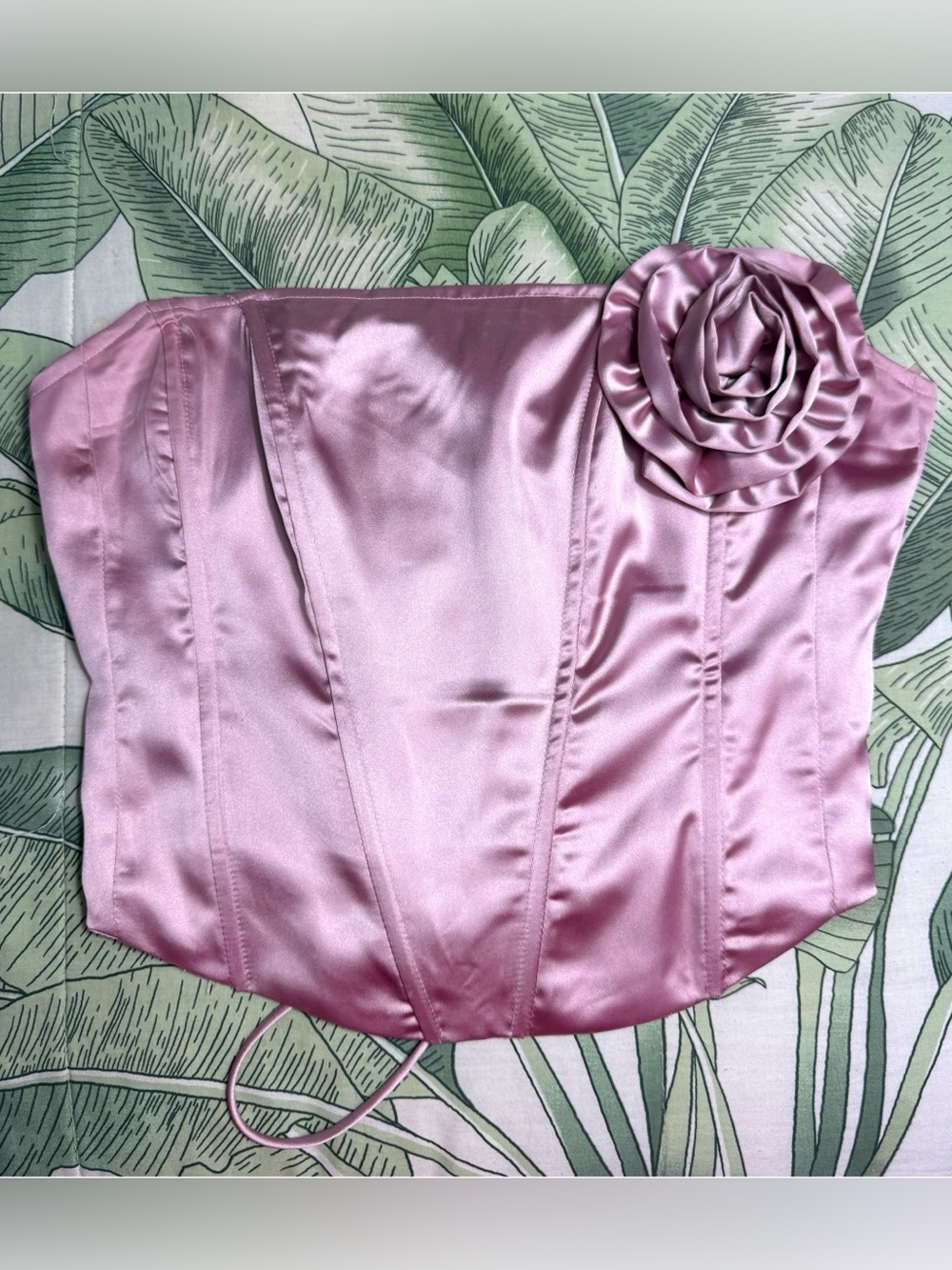 Fashion Nova Pink Satin Strapless Corset Top Lace Up 3D Rose Flower Size Medium